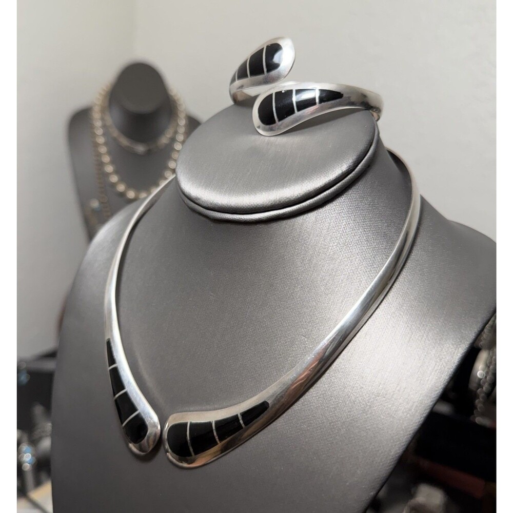 Vintage Mexico Taxco Onyx Inlay Sterling Silver Set